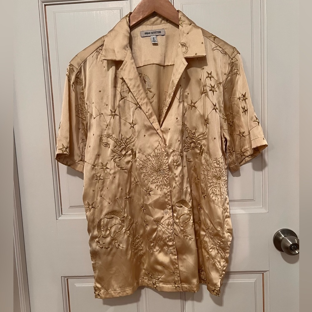 Urban Outfitters Gold Satin Embroidered Shirt
